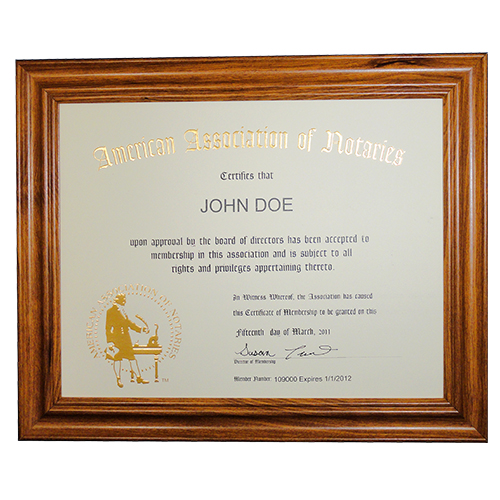 This Mississippi notary deluxe membership certificate frame allows you to show off your notary membership in one of the most prestigious notary associations in the U.S. The frame includes a gold embossed 8.5 x 11 inches certificate with AAN logo, your name, membership number, membership expiration date, and the signature of our membership director. This item may only be purchased by active members of the American Association of Notaries. </p></p></p></p></p>
