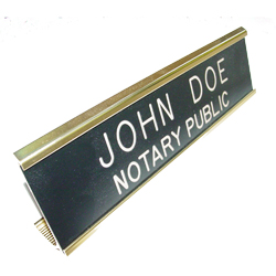 Mississippi notary desk signs are an essential part of presenting a professional image in the modern day work environment. This elegant, brass metal desk sign engraved with your name and the wording 'Notary Public' on an acrylic plate will make a fine addition to your office. This sign can be customized with up to two lines. Please type in any special customization instructions in the instruction box at checkout.