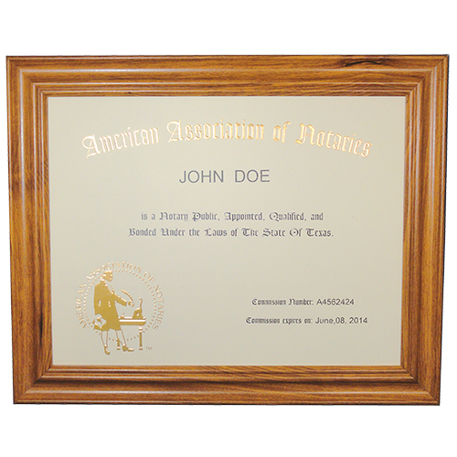 This Mississippi notary commission frame is made of solid hardwood. Available in cherry, black, and walnut wood. The notary frame includes a gold embossed notary certificate, personalized with your notary name and your Mississippi notary commission information. Proudly display your status as a commissioned Mississippi notary public with our deluxe notary certificate frame. This certificate frame can be purchased by both non-members and members of the AAN.