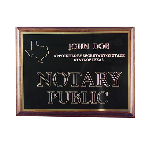 This Mississippi notary deluxe wall sign is mounted on an attractive walnut plaque and engraved on a metal plate with gold lettering with your name, your state, and the wording 'Notary Public'. This sign makes a fine addition to any office.